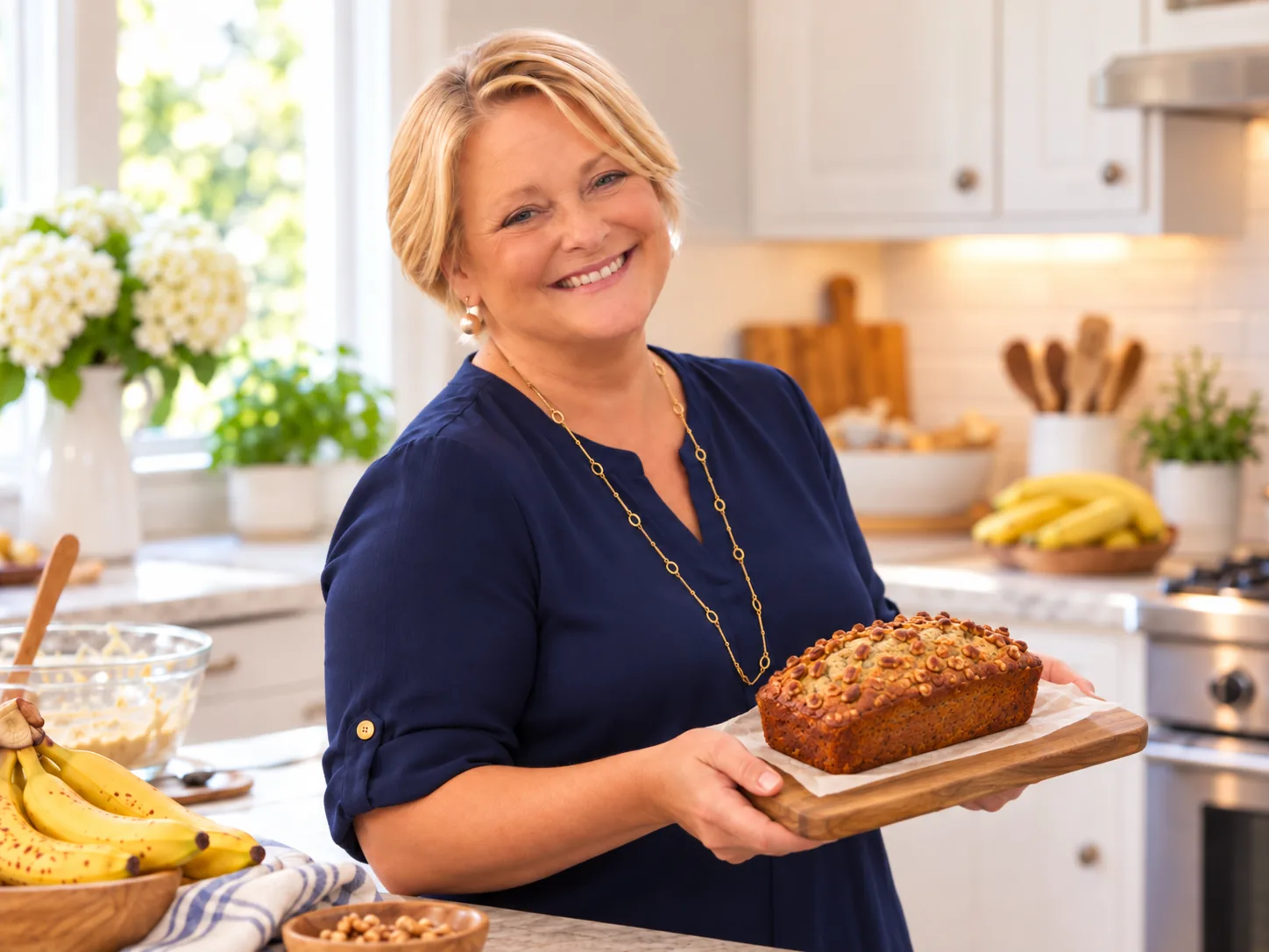 Laura smiling in her kitchen, holding a freshly baked loaf of banana bread on a wooden board, with ripe bananas on the counter.
