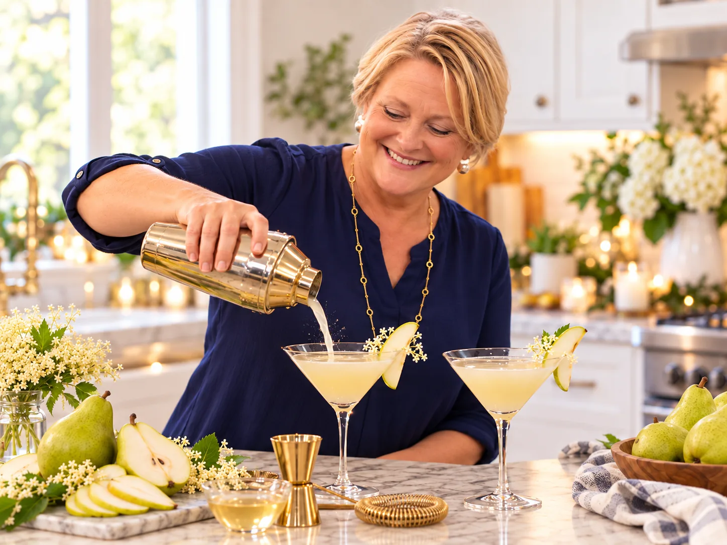 Laura pouring pale gold pear martinis from a gold shaker into two glasses garnished with pear slices and elderflower, with fresh pears on the counter.