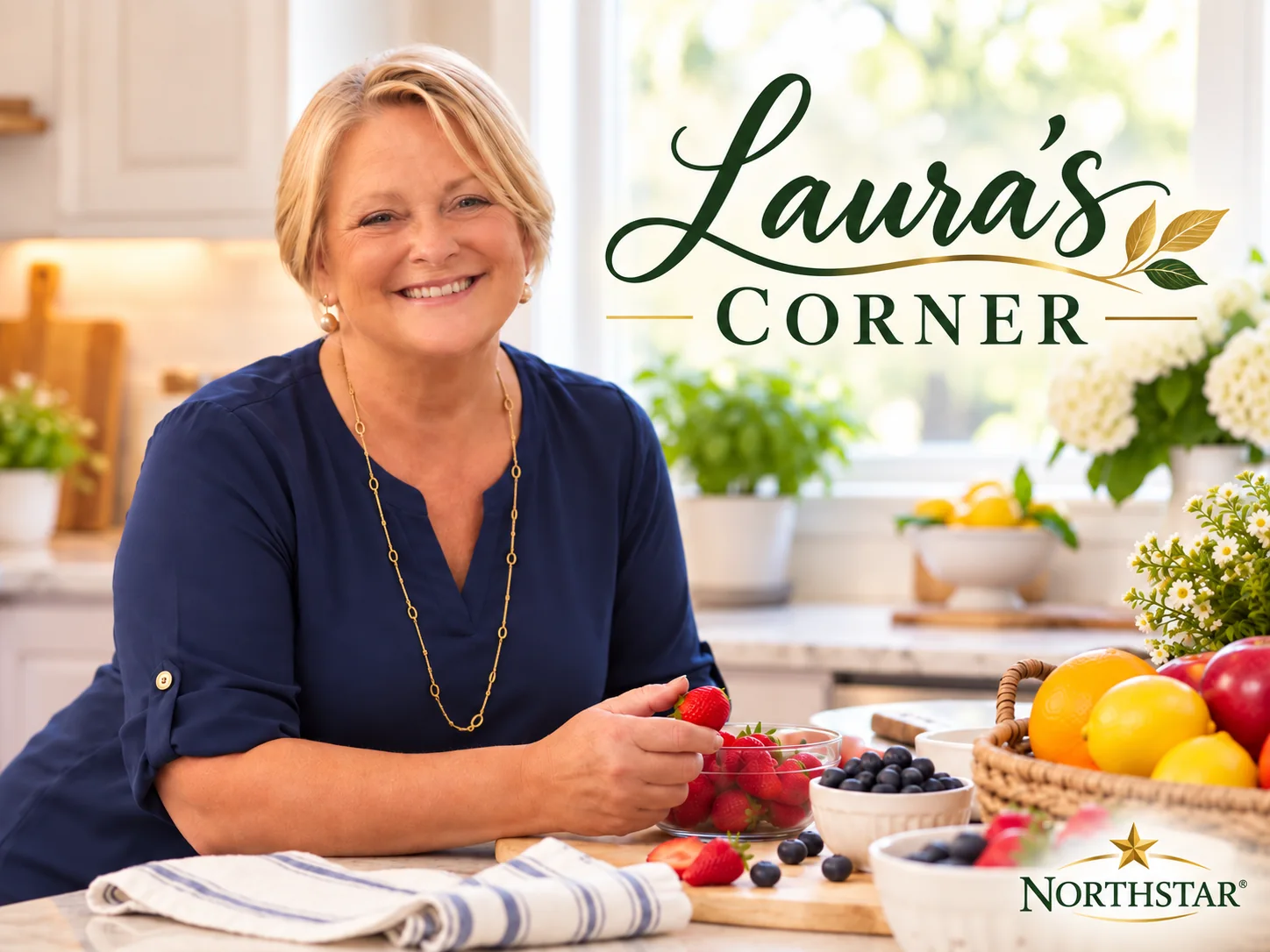 Laura smiling at a sunny kitchen counter with a bowl of strawberries, blueberries and a basket of oranges, lemons and apples, under the words Laura's Corner and the Northstar logo.